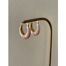 Marsel Pembe Renkli Bombe Orta Boy Gold Oval Çelik Küpe