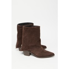 Madamra Kahverengi Süet Kadın Fermuarlı Sivri Burun Kalın Topuklu Kışlık Bot