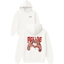 Vsrn Love Tasarım Baskılı Oversize Beyaz Kapüşonlu Sweatshirt