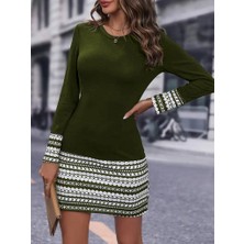 Melenza Kadın Uzun Kollu Bisiklet Yaka Kol Ağzı ve Etek Ucu Baskılı Iki Iplik Elbise