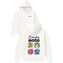 Vsrn Everyday Mood Tasarım Baskılı Oversize Beyaz Kapüşonlu Sweatshirt