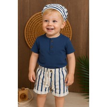 Dinamik çocuk Çizgili Şapkalı Düğme Detaylı Omuzdan Çıtçıtlı Yazlık Erkek Bebek Takımı