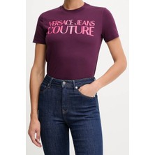 Versace Kadın Regular Fit Parlak Yazı Logolu Bisiklet Yaka T-Shirt - Mor