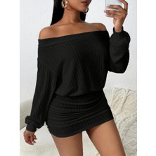 Sosostyle Kadın Uzun Kollu Madonna Yaka Yanlardan Büzgülü Şardonlu Kaşkorse Mini Elbise