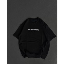 Moda Unisex Bisiklet Yaka Baskılı Oversize T-Shirt - Siyah