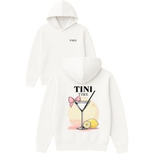 Vsrn Tını Time Tasarım Baskılı Oversize Beyaz Kapüşonlu Sweatshirt