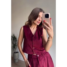 Sue Store Bordo Ince Fitilli Yelek Etek Kadife Takım