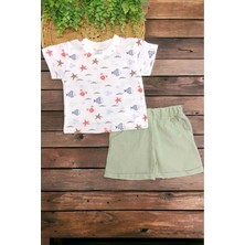 Dinamik çocuk Erkek Bebek Deniz Desenli 2'li Alt Üst Müslin Şortlu Takım Yazlık Ince %100 Pamuk