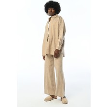 Orfeonegro Kadın Beli Lastikli %100 Keten Taşlı Rahat Kalıp Pantolon