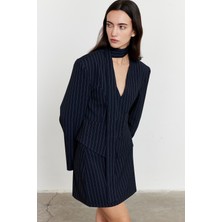 Facette Çizgili Mini Etek Lacivert