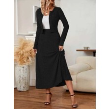 Arben Boutique Kadın Uzun Kollu Önden Düğmeli Bluz ve Yüksek Bel A Kesim Uzun Etek Şardonlu Kaşkorse Ikili Takım