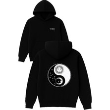 Vsrn Güneş ve Ay Tasarım Baskılı Oversize Siyah Kapüşonlu Sweatshirt