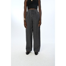 Orfeonegro Kadın Beli Lastikli Bol Paça Antrasit Renk Desenli Pantolon