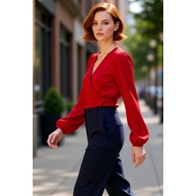 PayBuy Kadın Ekru Kruvaze Bağlama Detaylı V Yaka Balon Kol Dokuma Bluz Kışlık Business Kullanım Için