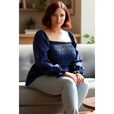 FRM Kadın Moda Şık Büyük Beden Crop Kare Yaka Büzgülü/fırfırlı Kol Fitted Kalıp Dokuma Gipeli Bluz