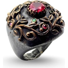 Oya Silver Yakut Zümrüt Taşlı Siyah Gümüş Kadın Yüzük