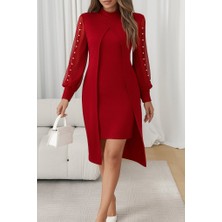 Arben Boutique Kadın Uzun Kollu Yarı Balıkçı Yaka Tül ve Inci Detaylı Kısa Ithal Krep Midi Elbise