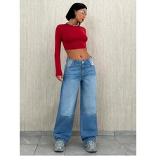 Blue Marlin Kadın Mavi Bacak Pensli Nakış Işlemli Bol Paça Kot Pantolon