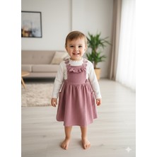 Şimo Butik Bayramlık Çilek Işlemeli Bebe Yaka Fırfırlı Kız Çocuk Salopet Takımı Jile Mürdüm Fitilli Kadife Sonbahar Kış