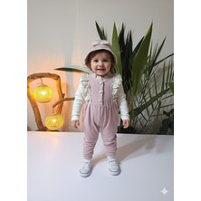 Şimo Butik Pudra Pembe Kaşe Dokulu Vintage Kız Bebek Bluz Tulum Şapka Kombini 3'lü