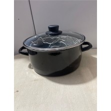 Trendhane Desenli Cam Kapaklı ve Süzgeçli Emaye 24CM Cips Fritöz Kızartma Tenceresi