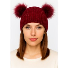 Abarta Simli Çift Ponponlu Kadın Örgü Bere Standart