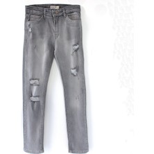 DobaKids Destroyed Slim Fit Dar Kesim Jean Kız Çocuk Pantolon Gri Renk Yırtıklı Kız Kot Pantolon
