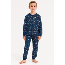 Krazber Çocuk Pijama Takımı Uzay Desenli Uzun Kollu 2'li Set Pijama Takımı Lacivert 3-13 Yaş