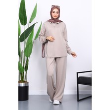 İmaj Butik Vizon Taşlı Yaka Fermuarlı Tunik Pantolonlu Takım