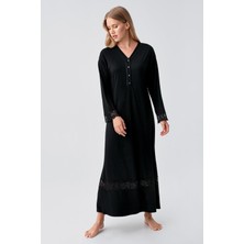 Artış Collection Uzun Kollu Dantelli Düğmeli Viskoz Gecelik 18106 Kadın 2XL Esnek Siyah