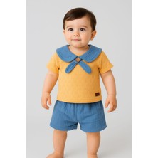 Dinamik çocuk Yaka Detaylı Müslin Şortlu Tarz Alt Üst 2li Erkek Bebek Takım Pamuk+Müslin 6-9-12-18-24 Aylık