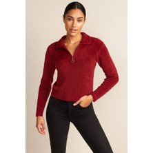 Ded Collection Kadın Yarım Fermuarlı Yumuşak Dokulu Sakallı Triko Kazak