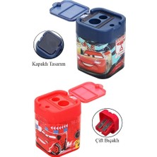 Artlantis 2 Li Kalemtraş 2 Adet Arabalar Kırmızı ve Mavi Geniş Hazneli Çift Bıçaklı Kalem Traş No1 Figürlü Jumbo Kalemtıraş