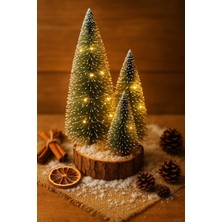 Home Dekor Hediye Ahşap Kütük Üzerinde 4’lü LED Işıklı Noel Kar Efektli Çam Ağaçları Seti 23 cm - 18 cm - 12 cm -13 cm