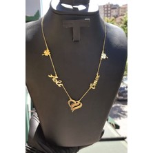 Özgür Takı 925 Ayar Gümüş 24 Ayar Altın Kaplama 2 Isimli Yonca ve Kalp Figürlü Kolye