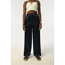 Orfeonegro Kadın Beli Lastikli Bol Paça Lacivert Renk Düz Saten Pantolon