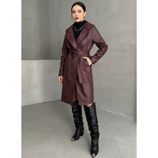 My Lunessa Kuşaklı Astarlı Deri Uzun Trenç Pardesü