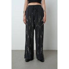 Orfeonegro Kadın Önü Taş Işlemeli Düz Renk Beli Lastikli Bol Paça Pantolon