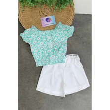 Dinamik çocuk Kız Çocuk Yazlık Interlok Fitilli Kumaş Çiçek Baskılı Keten Şortlu Alt Üst 2li Takım Ince