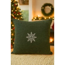 Kar Tanesi Desenli Koyu Yeşil Dekoratif Yastık Kılıfı | Işlemeli Yılbaşı Yastığı
