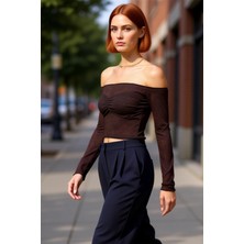 PayBuy Kadın Carmen Yaka Düşük Kol Uzun Kollu Örme Kaliteli Şık Rahat Modern Zarif Günlük