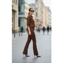 The Yandan Fermuarlı Yüksek Bel Esnek Ispanyol Paça Tayt – Kadın Pantolon Modeli- Siyah ve Kahve