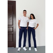 Tree Tone Unisex Beli Bağlamalı Pamuklu Reçmeli Paça Iki Iplik Lacivert Eşofman Altı