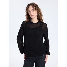 Jeep Bisiklet Yaka Relaxed Ajurlu Siyah Kazak Kadın J5WL-KZK7003