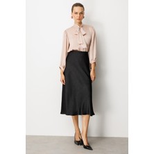 Accort Beli Lastikli Saten Görünüm Etek-Siyah