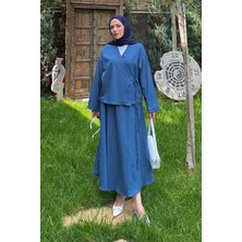 Lamelif Bağlama Detaylı Etekli Takım Indigo