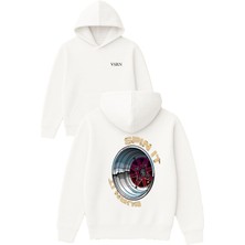 Vsrn Spın It Burn It Tasarım Baskılı Oversize Beyaz Kapüşonlu Sweatshirt