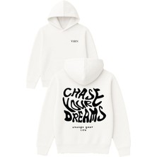Vsrn Chase Your Dreams Tasarım Baskılı Oversize Beyaz Kapüşonlu Sweatshirt