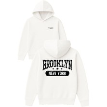 Vsrn Brooklyn Yıldızlı Newyork Tasarım Baskılı Oversize Beyaz Kapüşonlu Sweatshirt