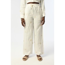 Orfeonegro Kadın Bol Paça Beli Lastikli Ekru Renk Desenli Pantolon